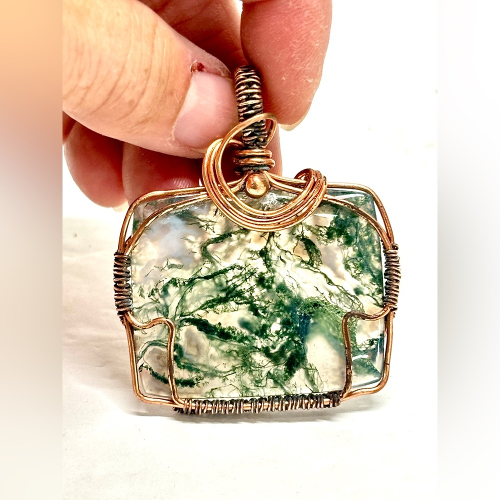 HAND CRAFTED Moss Agate Wire Wrapped Copper Pendant Necklace, Handmade Jewelry